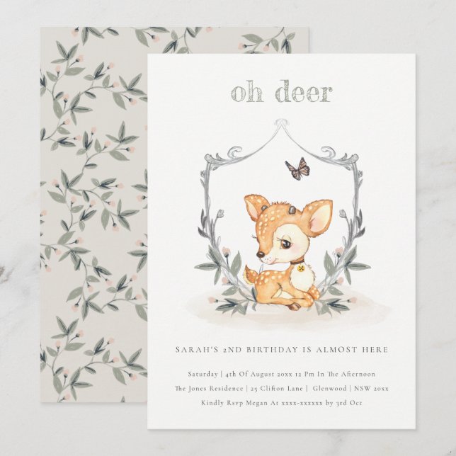 Baby Oh Deer Floral Crest Any Age Birthday Invite (Front/Back)