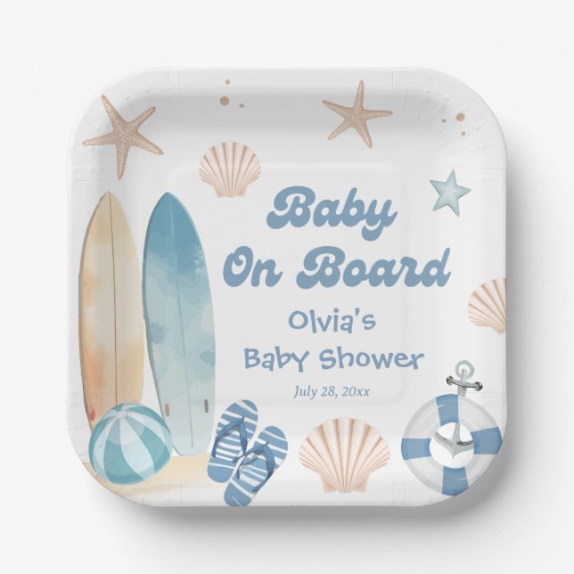 Baby on Board Baby Shower Surf Beach Paper Plate (Front)
