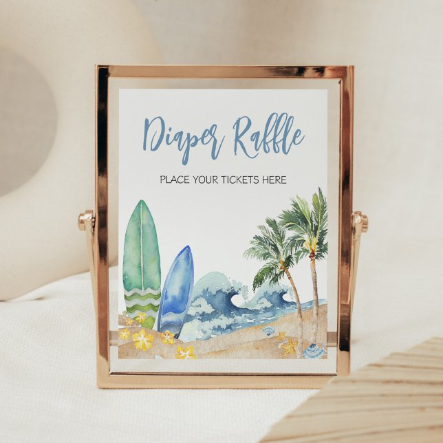 Baby on Board Beach Baby Shower Diaper Raffle Poster (Surfing Summer Boy Baby Shower Diaper Raffle Sign)