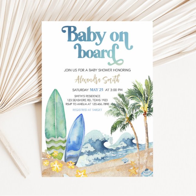 Baby on Board Beach Baby Shower Invitation (Surfing Summer Boy Baby Shower Invitation)