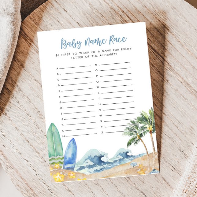 Baby on Board Beach Baby Shower Name Race Game (Surfing Summer Boy Baby Shower Baby Name Race Game)