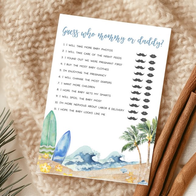Baby on Board Beach Guess who Mummy or Daddy Game (Surfing Summer Boy Baby Shower Guess who Mommy or Daddy Game)