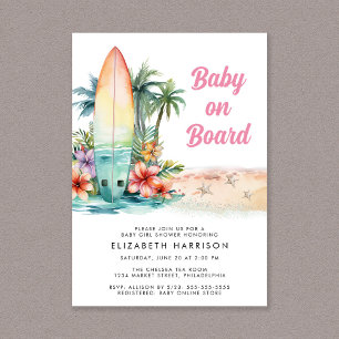 Baby On Board Beach Surf Baby Girl Shower Invitation