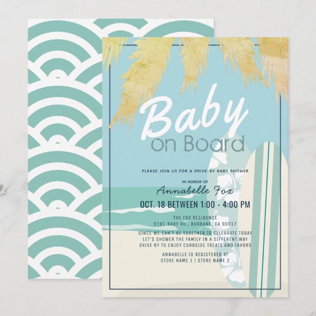 Baby on Board Beach Surf Boy Drive-by Baby Shower Invitation (Front/Back)