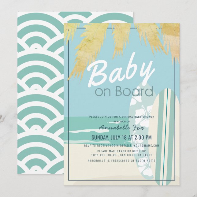 Baby on Board Beach Surf Boy Virtual Baby Shower Invitation (Front/Back)