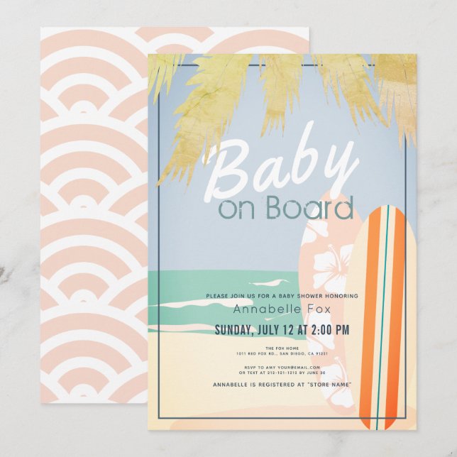 Baby on Board Beach Surf Girl Baby Shower Invitation (Front/Back)