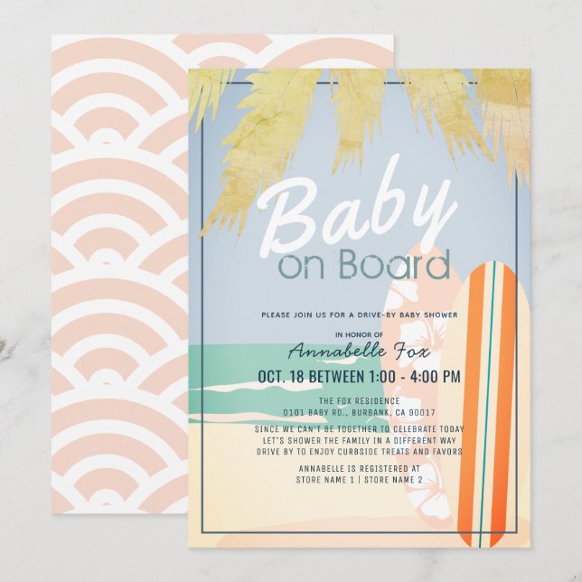 Baby on Board Beach Surf Girl Drive-by Baby Shower Invitation (Front/Back)
