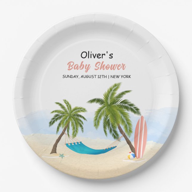 Baby On Board Beach Surfing Baby Shower  Paper Plate (Front)