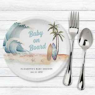 Baby On Board Beach Surfing Baby Shower Paper Plate