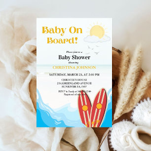 Baby on board beach surfing board baby shower invitation