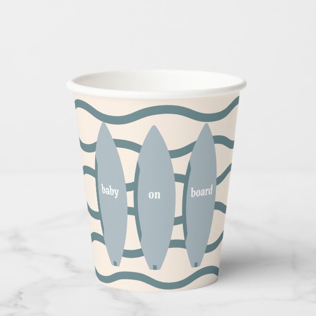 "Baby on Board" Beach Surfing Ocean Baby Shower Paper Cups (Front)