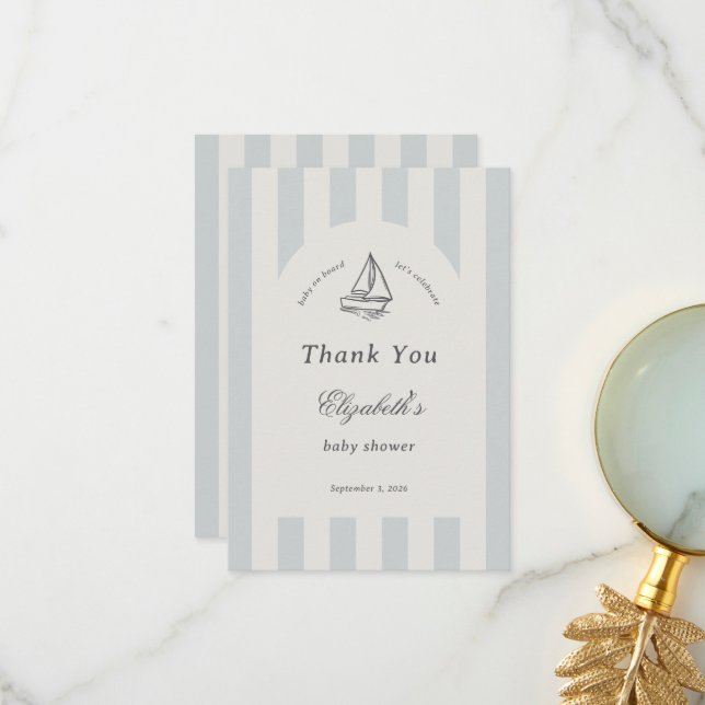 Baby On Board Elegant Blue Sailboat Thank You Card (Front/Back In Situ)