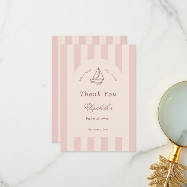 Baby On Board Elegant Pink Sailboat Baby Shower Thank You Card (Front/Back In Situ)