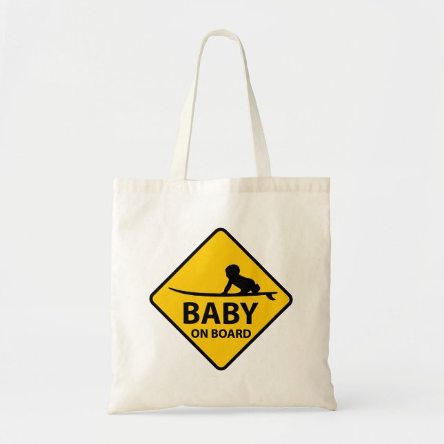 Baby on Board funny baby design with surf board Tote Bag (Front)