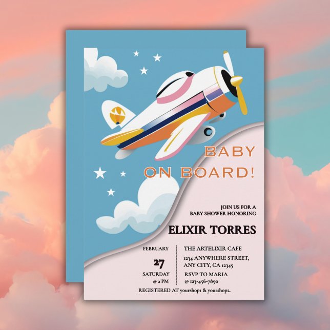 Baby on Board Modern Aviation Aeroplane Baby Showe Invitation (Creator Uploaded)