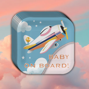 Baby on Board Modern Aviation Aeroplane Baby Showe Paper Plate