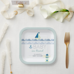 Baby on Board Nautical Blue Boy Baby Shower Paper Plate