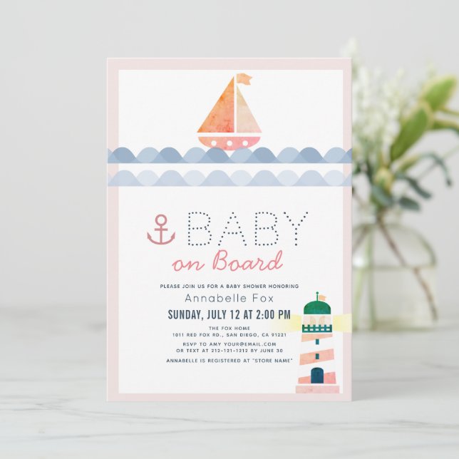 Baby on Board Nautical Pink Girl Baby Shower Invitation (Standing Front)