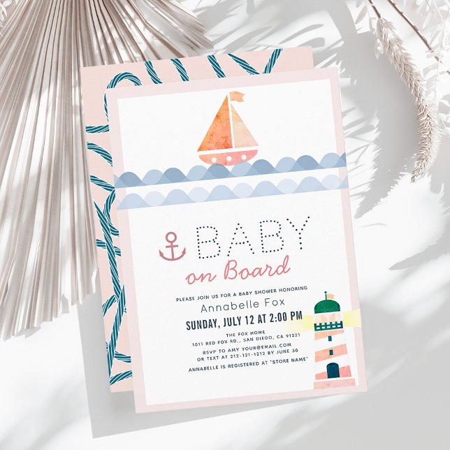 Baby on Board Nautical Pink Girl Baby Shower Invitation (Creator Uploaded)