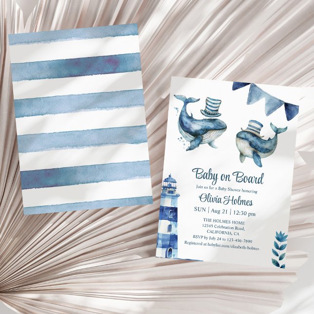 "Baby on Board" Navy Nautical Baby Shower Invitation ("Baby on Board" Navy Nautical Baby Shower Invitation on a sunny neutral dry palm leaf.)