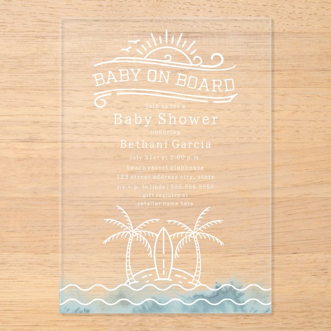 Baby On Board Ocean Waves Neutral Baby Shower Acrylic Invitations (Front)