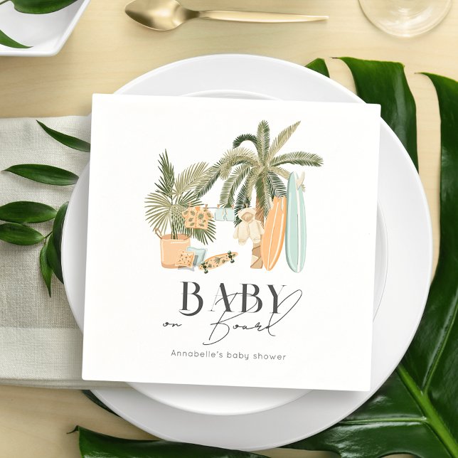 Baby on Board Palm Tree Surfboard Baby Shower Napkin (Creator Uploaded)