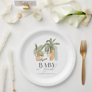Baby on Board Palm Tree Surfboard Baby Shower Paper Plate