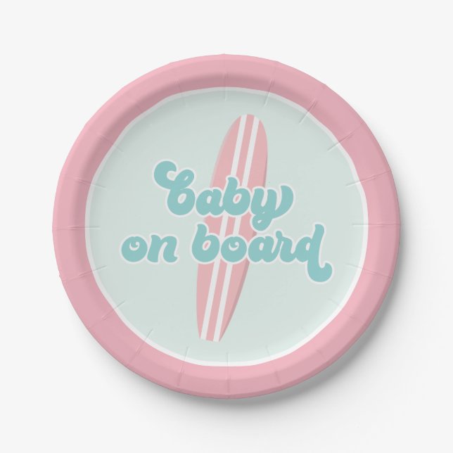 Baby on Board Pink Beach Baby shower Paper Plates (Front)