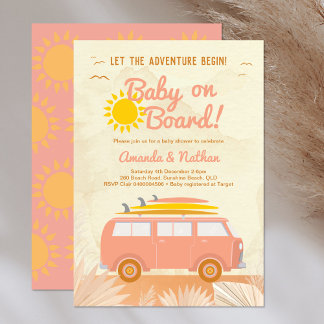 Baby on board pink girl surfboard baby shower invitation
