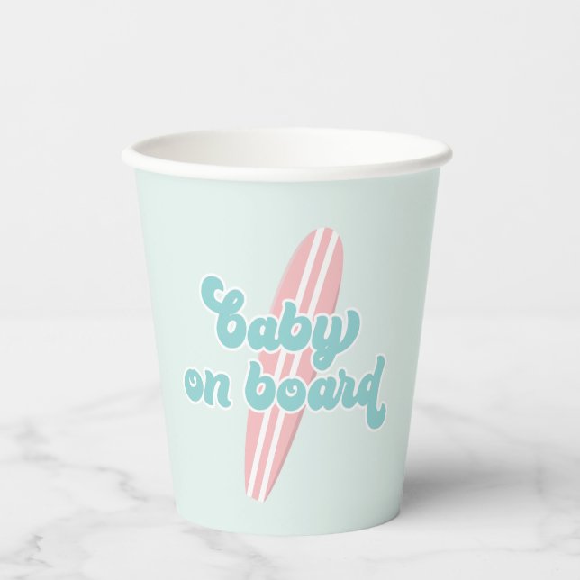 Baby on Board Pink Surf Beach Baby Shower Paper Cups (Front)
