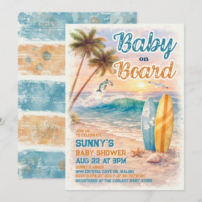 Baby on Board Retro Surf Beach Baby Shower Invitation (Front/Back)