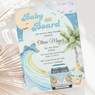Baby on Board Retro Surfing Beach Baby Shower Invitation