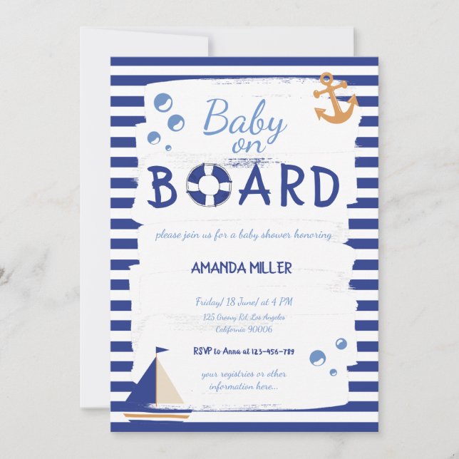 Baby on Board! Sailor Marine Blue Baby Shower Invitation (Front)