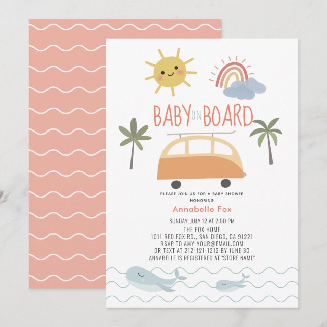 Baby on Board Sunshine Rainbow Van Baby Shower Inv Invitation (Front/Back)