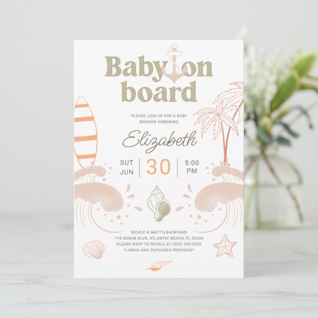Baby On Board Surf Baby Shower Invitation Card (Standing Front)