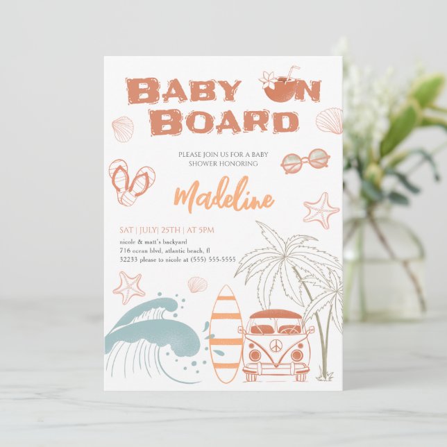 Baby on Board Surf Baby Shower Invitation Card (Standing Front)
