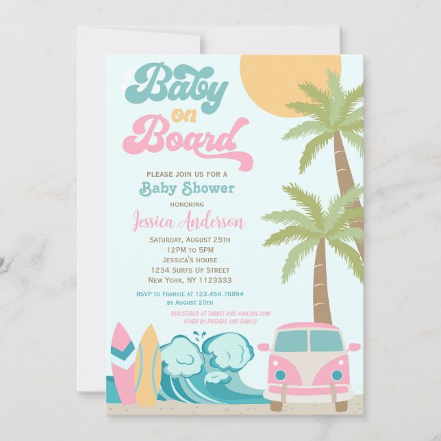 Baby on Board Surf Baby Shower Invitations Girl (Front)