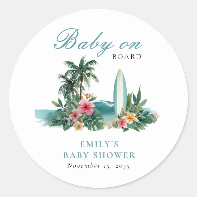 Baby On Board Surf Beach Baby Shower Classic Round Sticker (Front)
