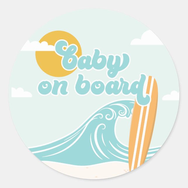 Baby on Board Surf Beach Baby Shower Classic Round Sticker (Front)