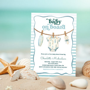 Baby on Board Surf Clothesline Baby Shower Invitation