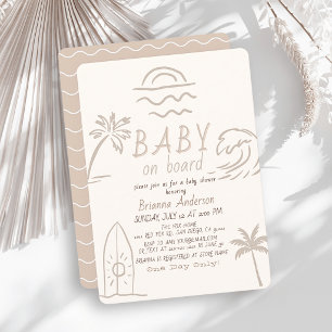 Baby on Board Surf Doodle Beige Baby Shower Invitation