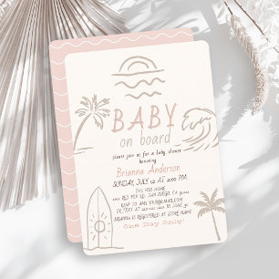 Baby on Board Surf Doodle Pink Girl Baby Shower Invitation