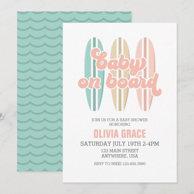 Baby on Board Surfboard Beach Baby Shower Invitati Invitation (Front/Back)