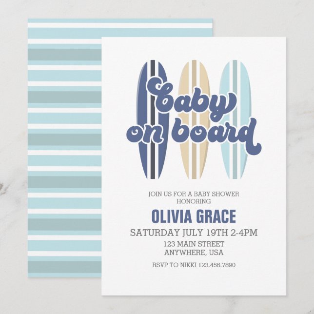 Baby on Board Surfboard Beach Baby Shower Invitati Invitation (Front/Back)