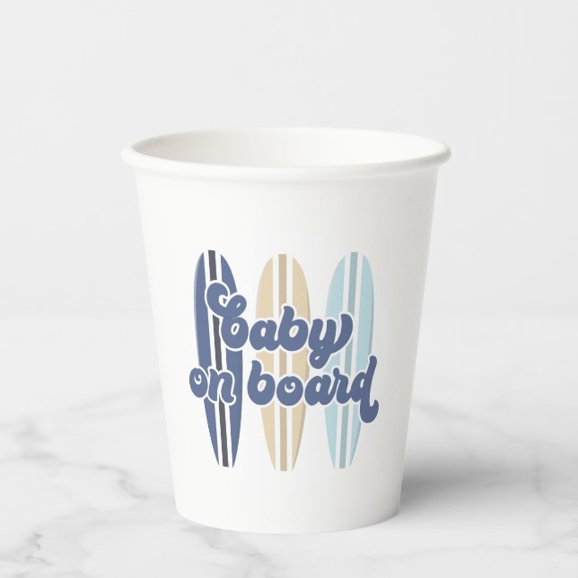 Baby on Board Surfboard Beach Baby Shower Paper Cups (Front)