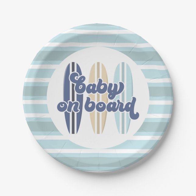 Baby on Board Surfboard Beach Baby Shower Paper Pl Plate (Front)