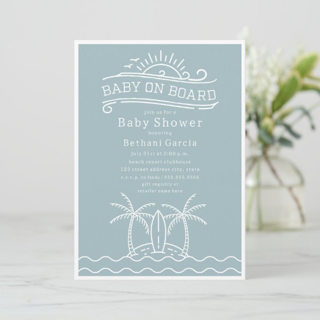 Baby On Board Surfboard Beach Blue Baby Shower Invitation (Standing Front)