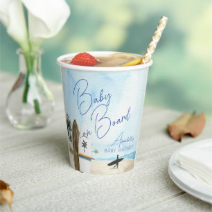 Baby on Board Surfboard Beach Blue Boy Baby Shower Paper Cups