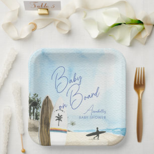 Baby on Board Surfboard Beach Blue Boy Baby Shower Paper Plate