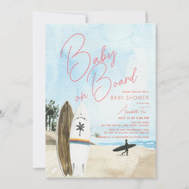 Baby on Board Surfboard Beach Girl Baby Shower Invitation (Front)